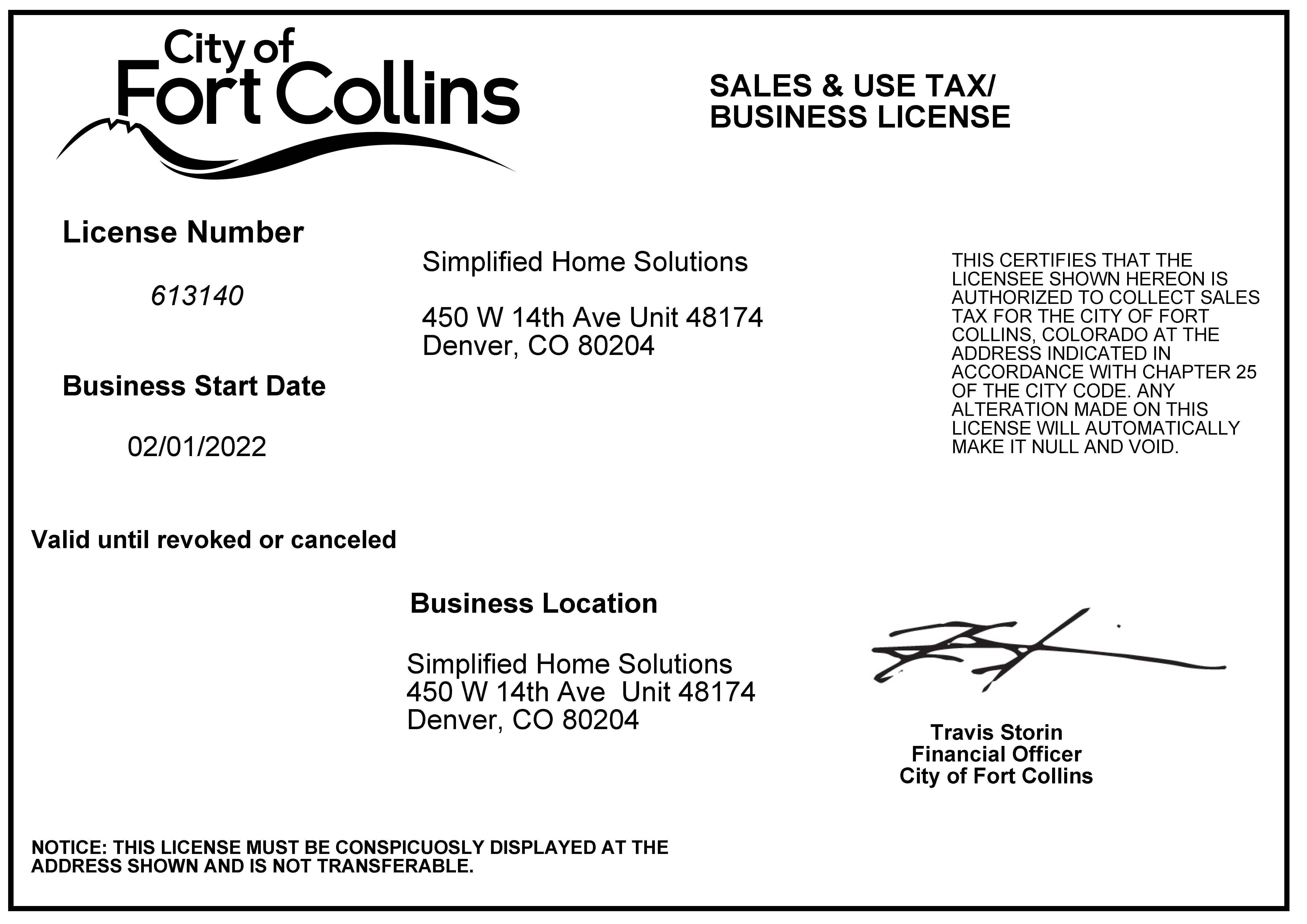 City of Fort Collins Sales - Use Tax License